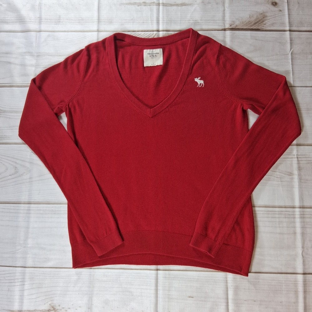 Abercrombie & Fitch Womens V-Neck Sweater Size L Red Cotton Cashmere Blend Moose